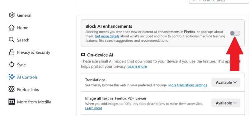 Block AI enhancements in Firefox.
