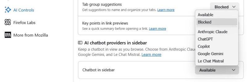 Blocking AI chatbots in Firefox.