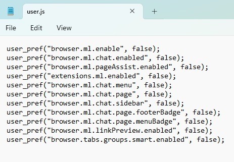 Sample user.js file to disable FIrefox AI.