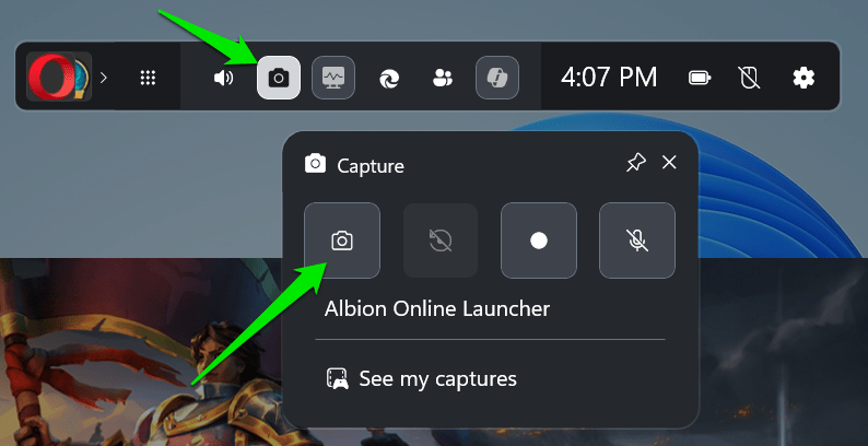 Game Bar Capture widget with screenshot option