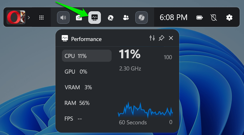 Game Bar Performance Widget showing stats and graph
