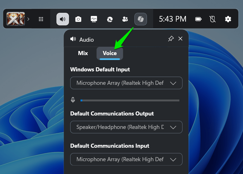 Game Bar audio voice menu with devices listed