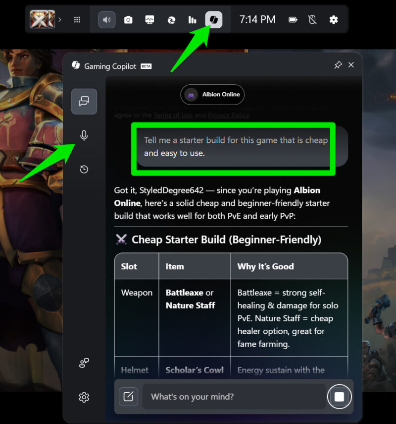 Gaming Copilot giving build advice