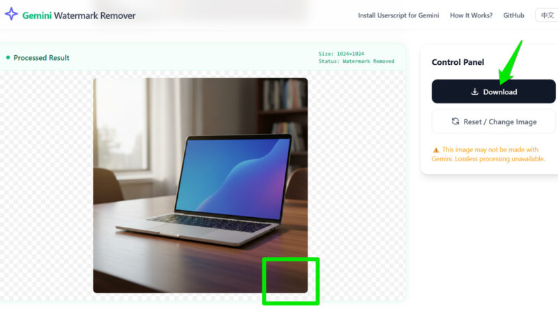 Gemini Watermark Remover tool showing laptop image