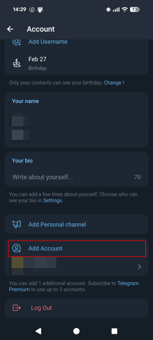 Adding a secondary account in the Telegram mobile app.