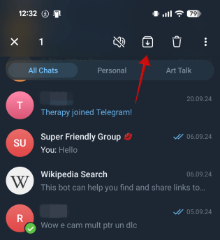 Tapping on "Archive" button in Telegram app on Android.