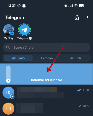 Bringing up "Archived Chats" folder in Telegram app on Android.