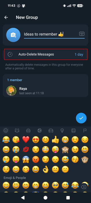 Configuring new group in Telegram app on Android.