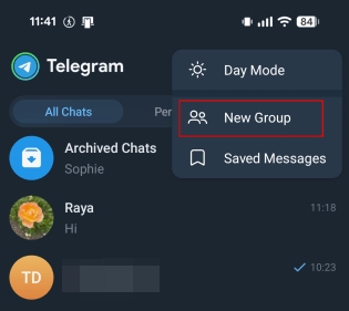 Tapping on "New Group" option in the Telegram app for Android.
