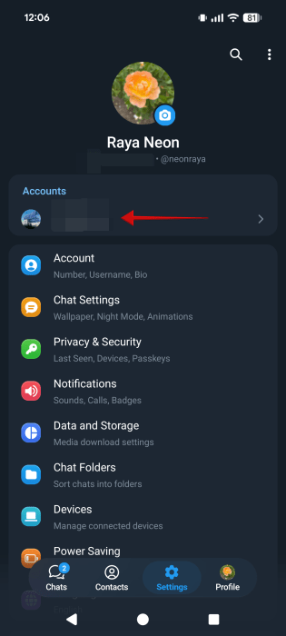 Switching between Telegram accounts in the mobile app.