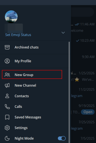 Opting for "New Group" option in Telegram desktop app.