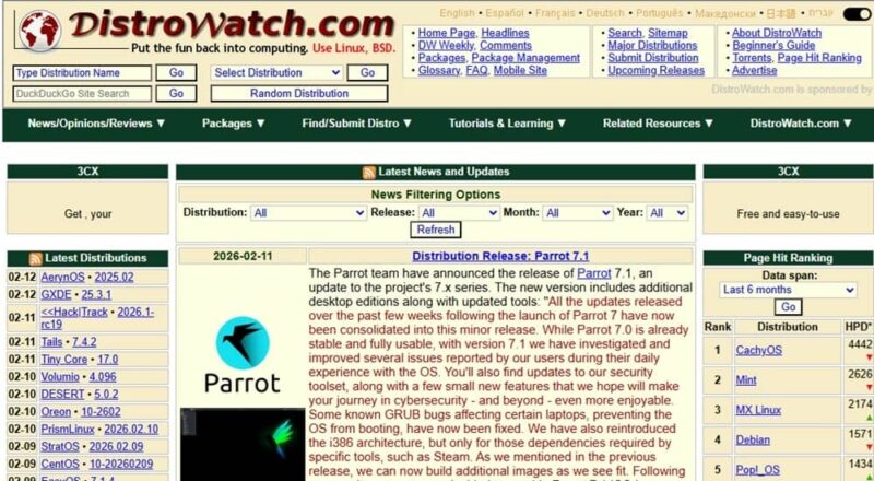 DistroWatch home page with the latest Linux releases listed.