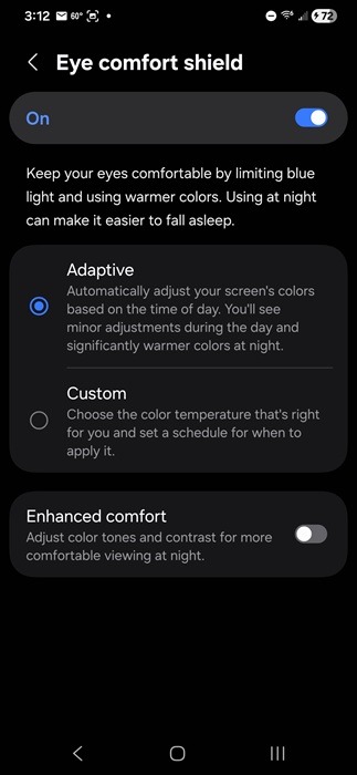 Turning on eye comfort shield on Android