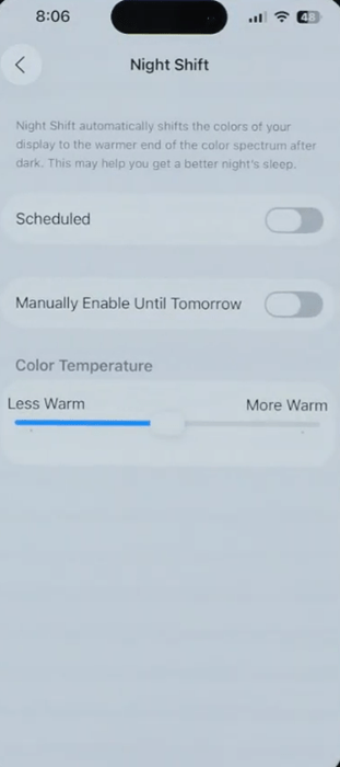 Turning on Night Shift on iOS.