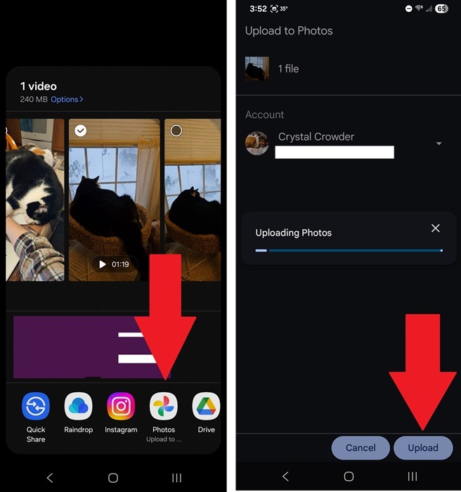 Uploading a video to Google Photos to rotate on Android.