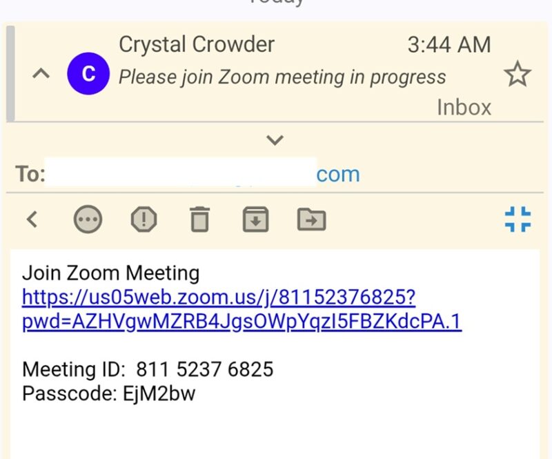 Zoom meeting email invitation.