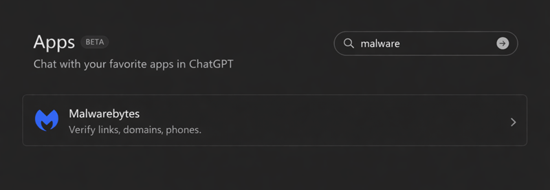 Viewing Malwarebytes integration in ChatGPT. 