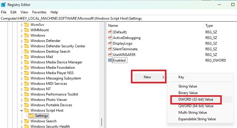 Creating a new DWORD value in Windows Script Host.