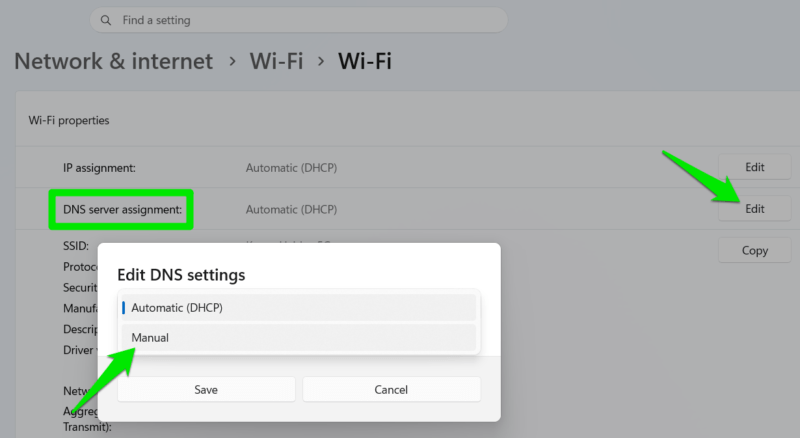 Selecting manual DNS in Settings