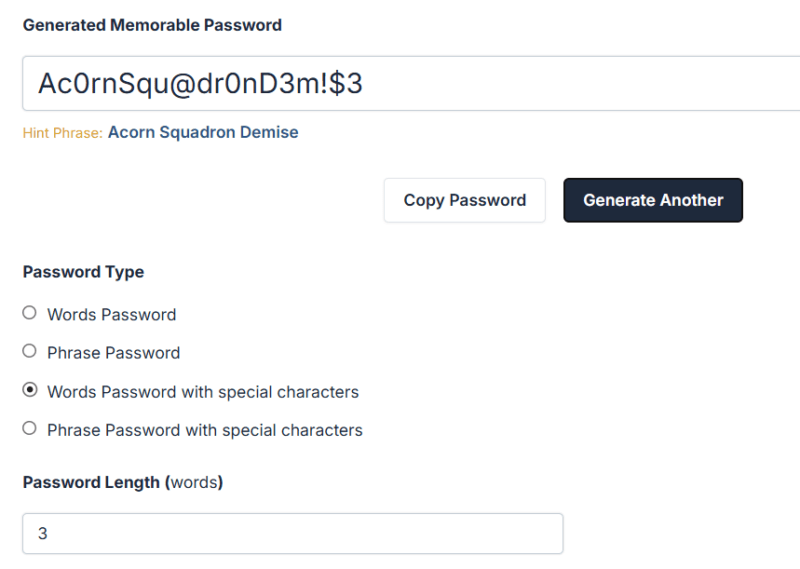 Memorable Password Generator interface