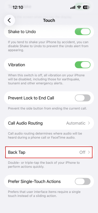 Navigating to "Back Tap" option under Accessibility settings on iPhone. 