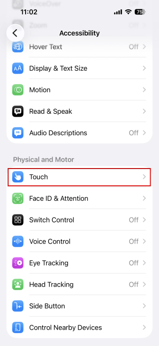 Accessing "Touch" option under Accessibility menu on iPhone. 