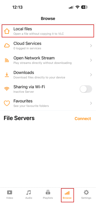 Loading up "Local files" via VLC app on iPhone. 