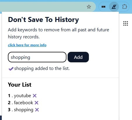 Using Don't Save to History Chrome extension to disable history for specific sites.
