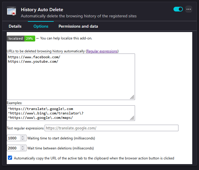 Using History Auto Delete to delete specific sites from history in Firefox.