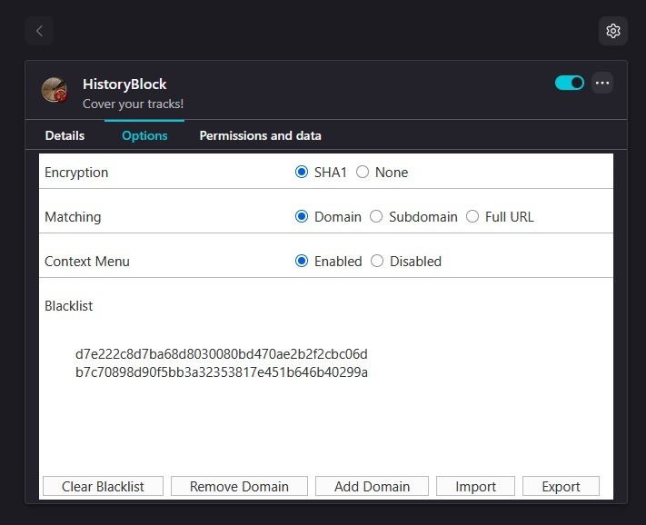 Adding sites to block in HistoryBlock in Firefox.

