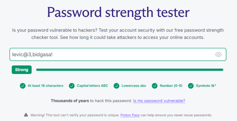 Proton password strength tester results