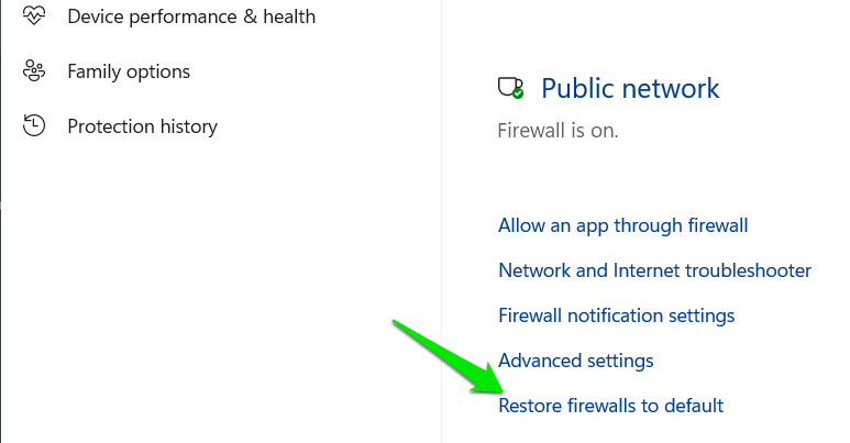 Windows security app Firewall options