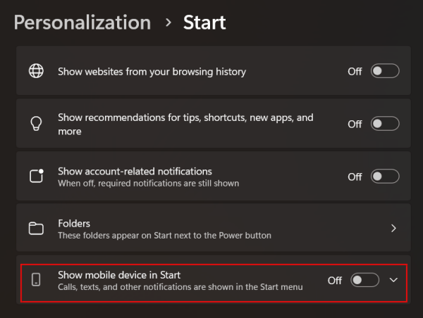 Disabling "Show mobile device in Start" option in Windows Settings. 
