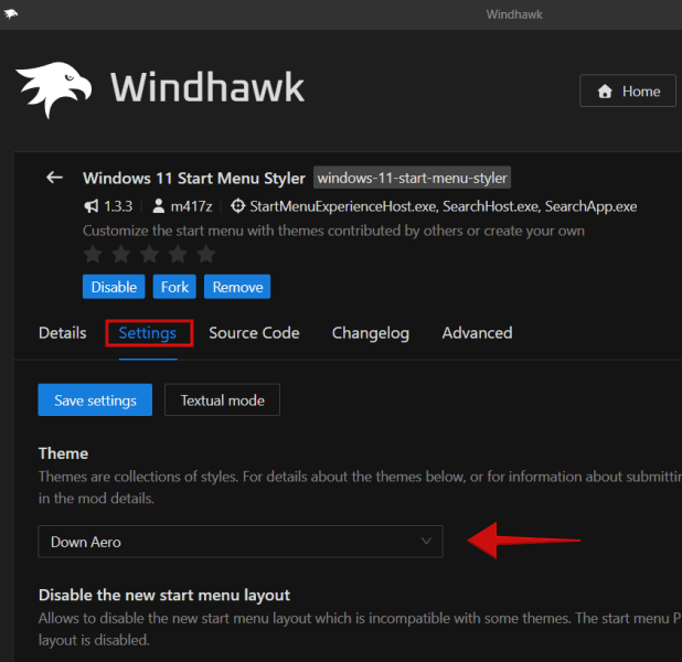 Changing theme for Start Menu in Windhawk in Windows. 
