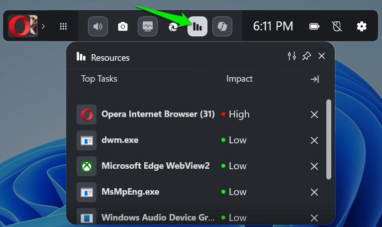 Resources Widget showing list of apps