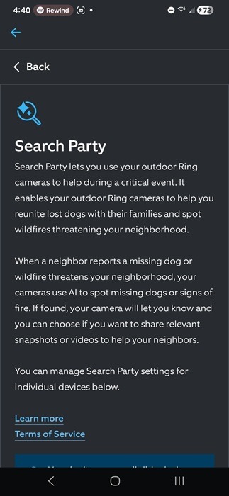 Changing Search Party settings in Ring app.