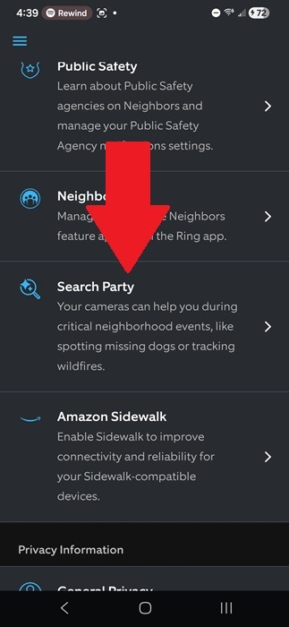 Opening Ring Search Party settings.