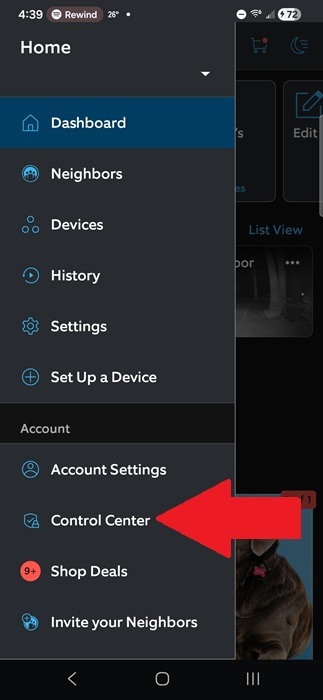 Accessing Control Center in Ring app.