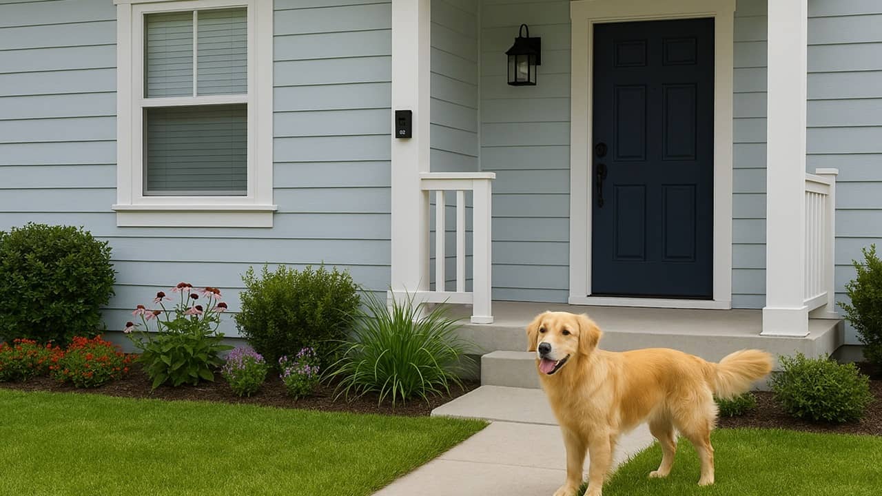 Golden retriever on a lawn in front of a porch with a Ring doorbell.