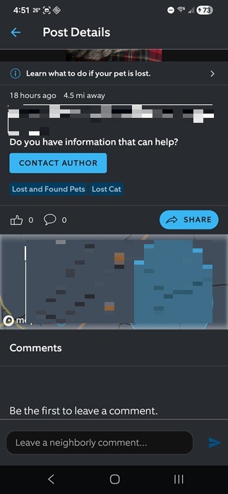 Example of a missing pet notification on Ring.