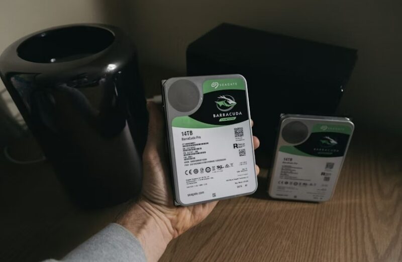 Seagate hard drive on a desk.