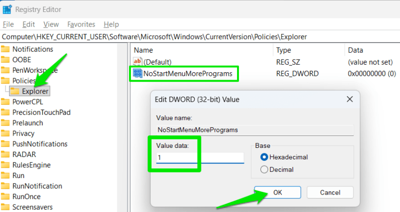 DWORD value for removing All section in Start Menu