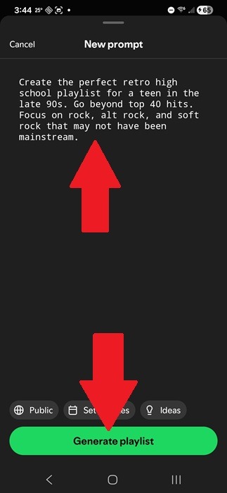 Creating a prompt to generate a new playlist on Spotify.