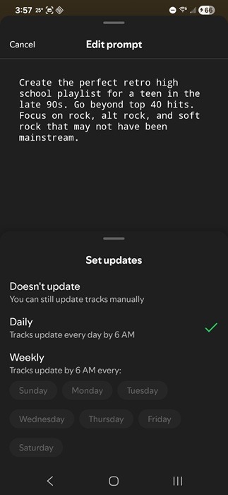 Setting a Spotify Prompted Playlist update schedule.