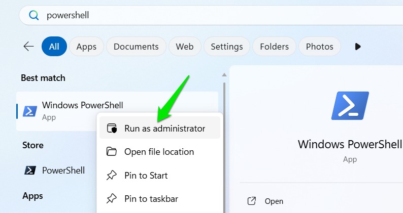 Opening PowerShell as administrator
