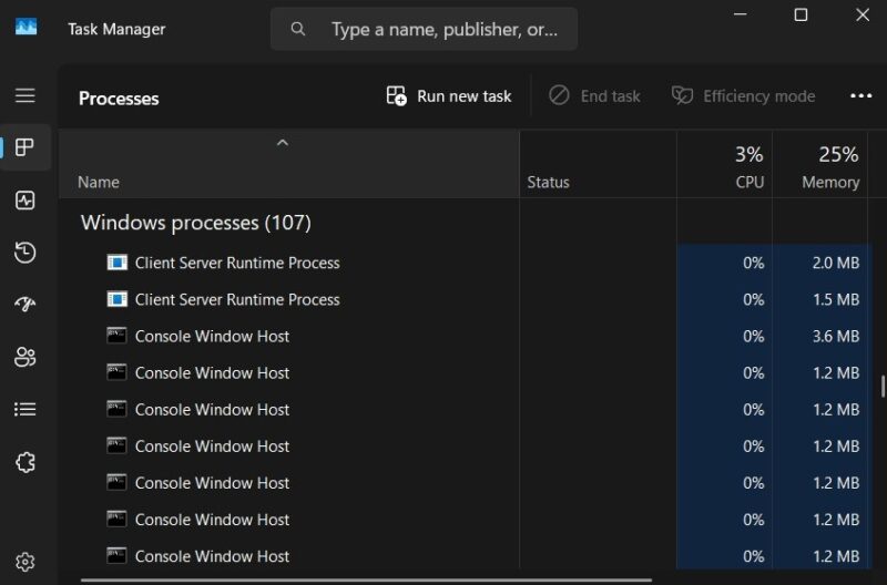 Task Manager Showing Windows Processes Running In Idle State