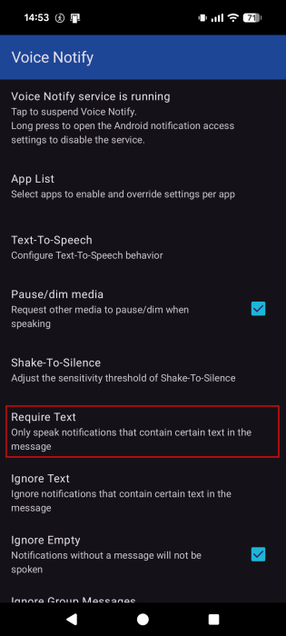 Tapping on "Require Text" option in the Voice Notify app on Android. 