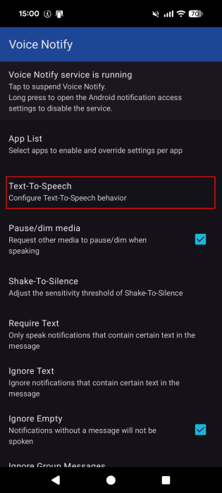 Tapping on "Text-to-Speech" option in Voice Notify app on Android. 