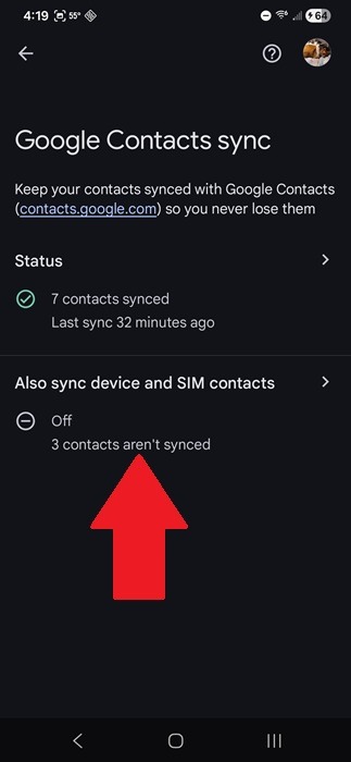 Viewing sync options for device and SIM contacts. 