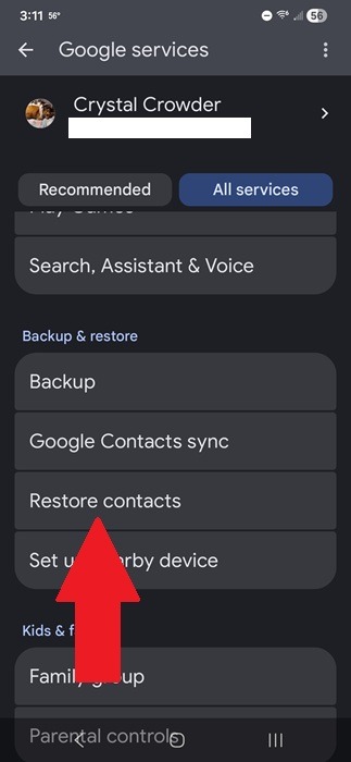 Restoring Android contacts from a Google backup.